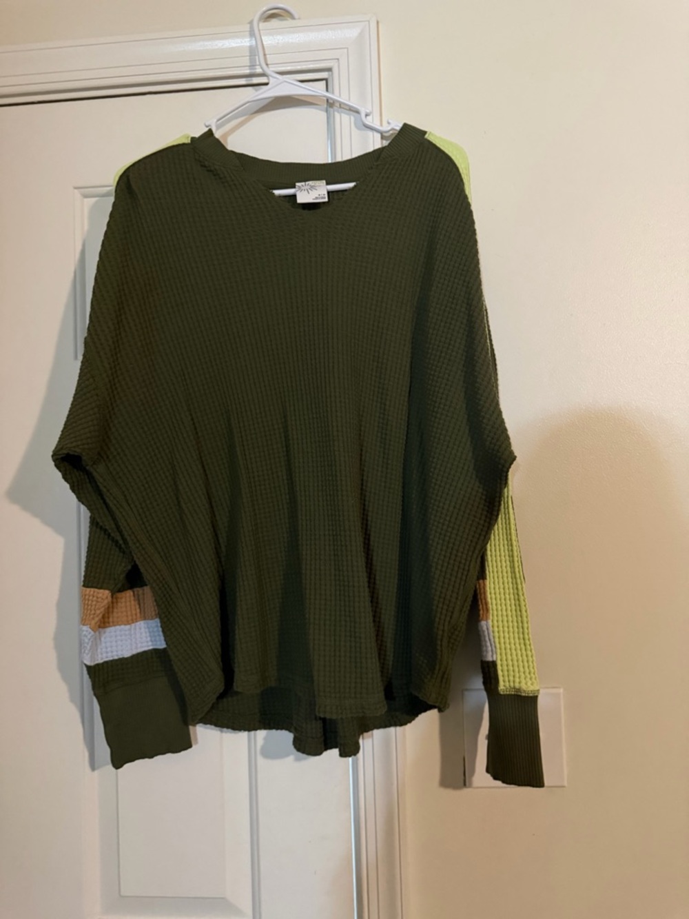 aerie Olive Green Waffle Knit Long Sleeve Top with Accent Stripes